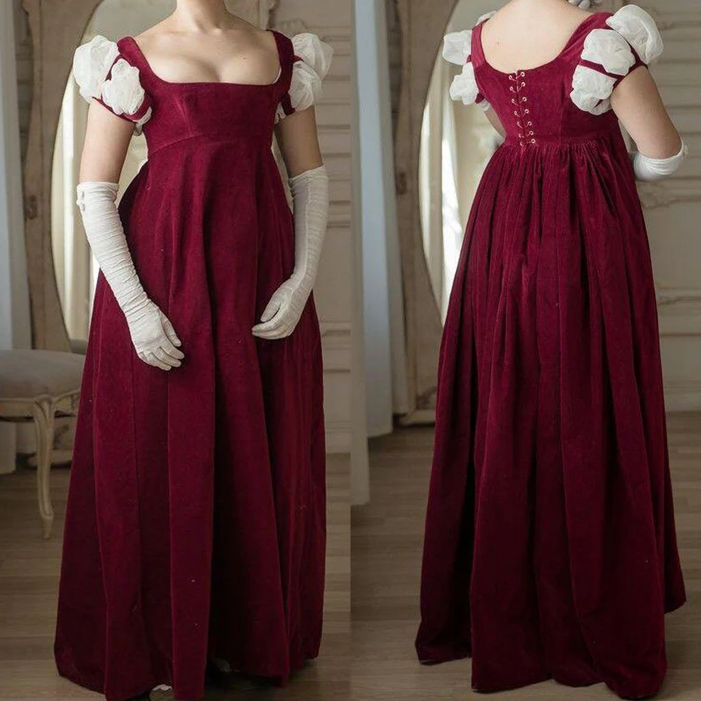 

Regency Era Second Empire High Waistline Red Dress Victorian Jane Austen Elizabeth Bennet Costume Evening Velvet Ball Gown