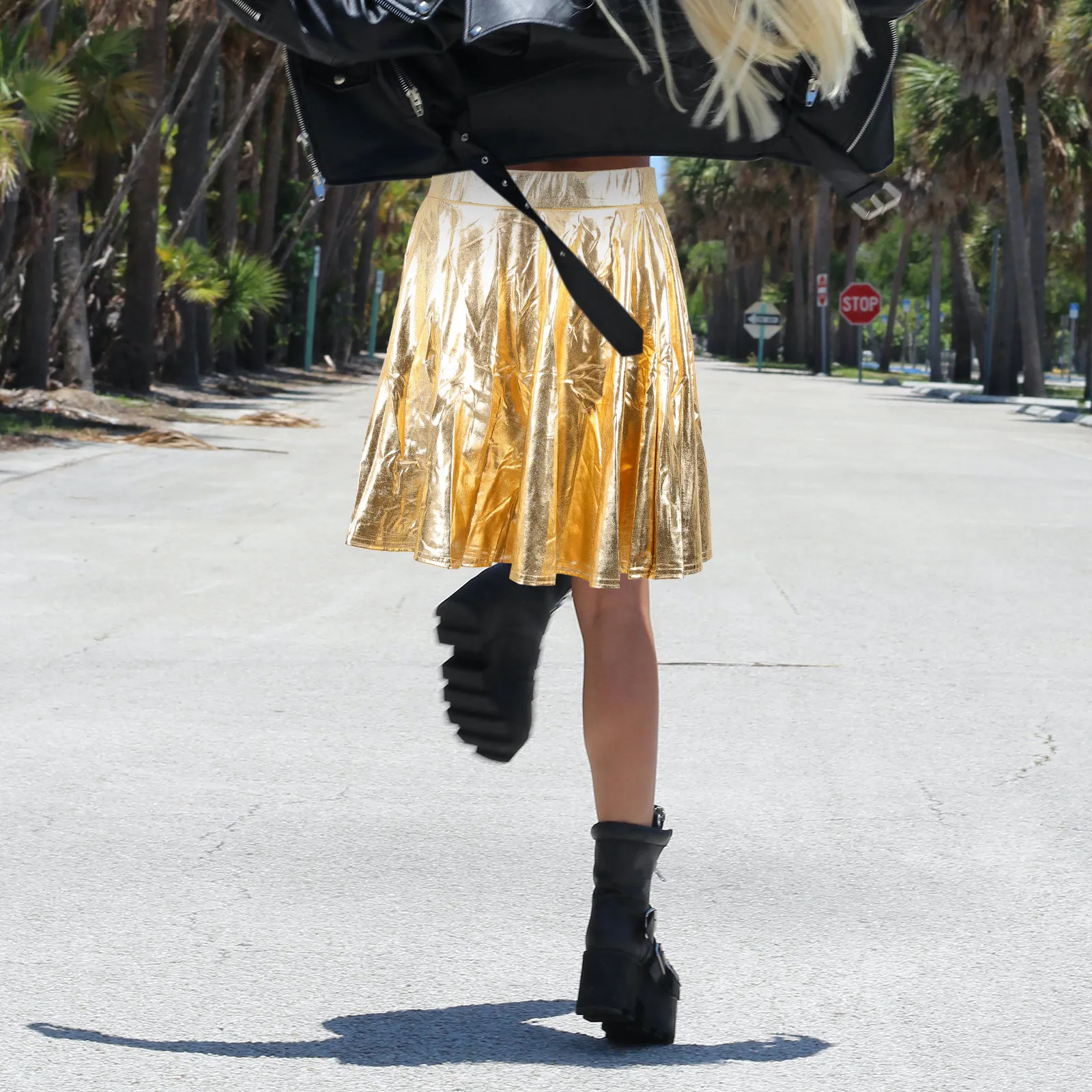 Skater Golden Gold Flared Pleated Design For Cheerleader Dancing Women Skating Flared Skirt Women Fashion Skirt