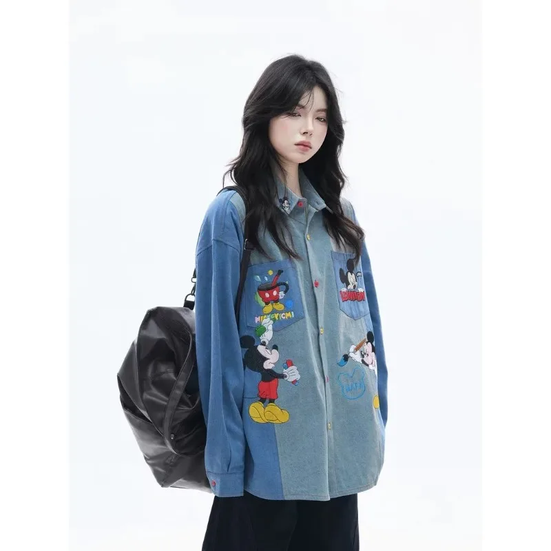 

pesca Vintage American Contrast Color Disney Mickey Embroidered Denim Shirt Spring Couple Long Sleeve Plus Size Casual Button Up