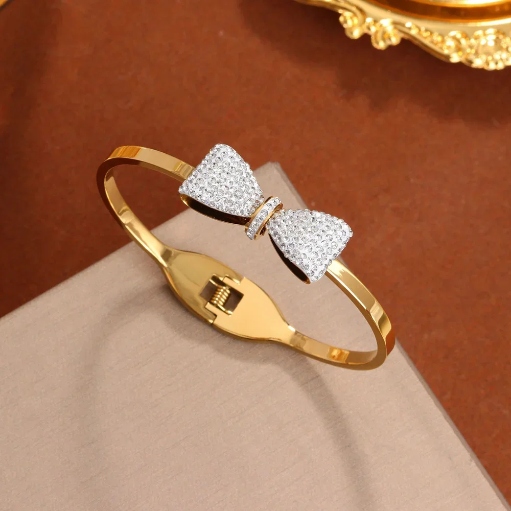 Inlaid Zircon Bow bangle for women fashion Stainless Steel gold plated spring buckle cuff Bracelets Jewelry Gifts for Girlfriend