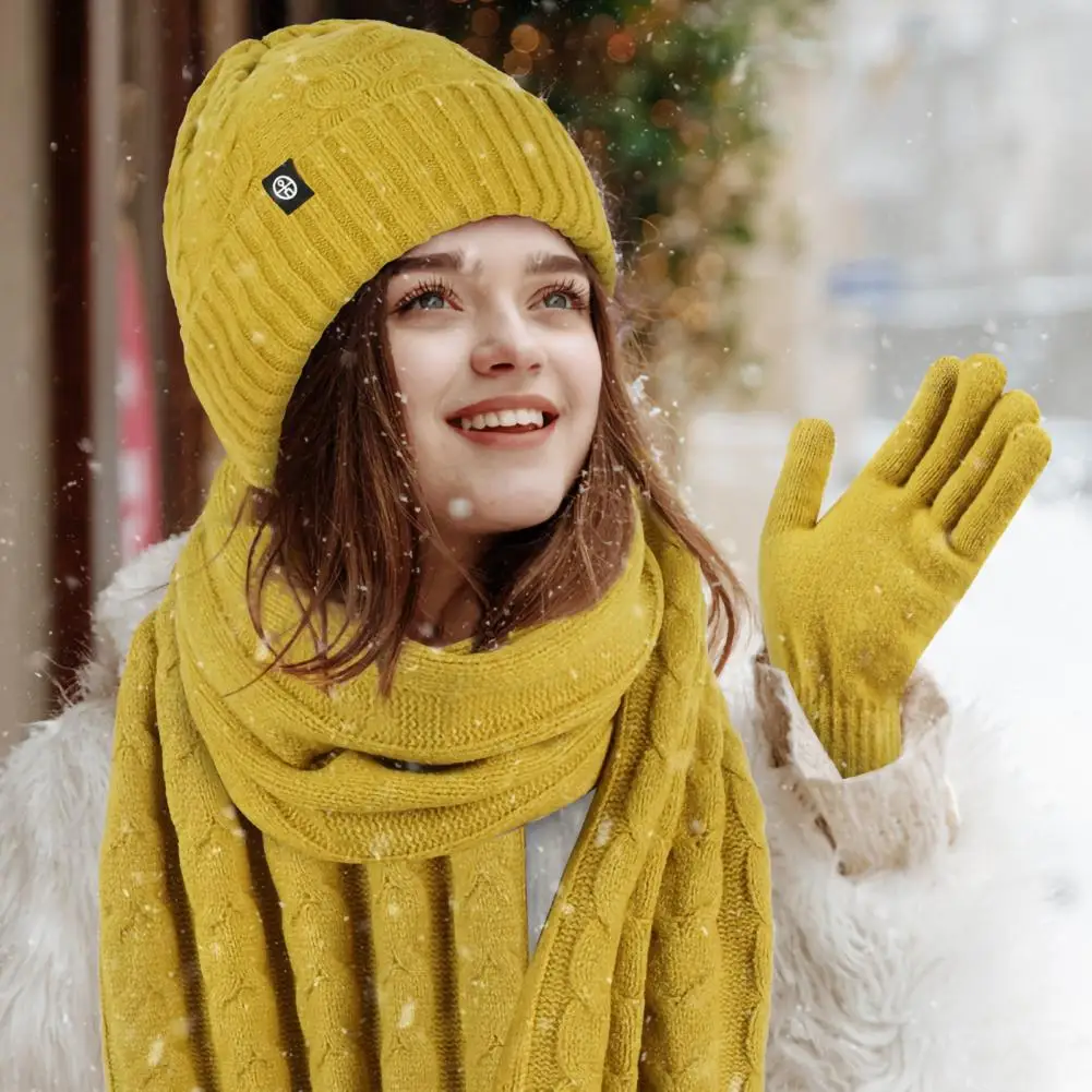 

3Pcs/Set Winter Beanie Hat Long Scarf Touch Screen Gloves Set Solid Color Twist Texture Warm Knit Scarf Mittens Hat Set