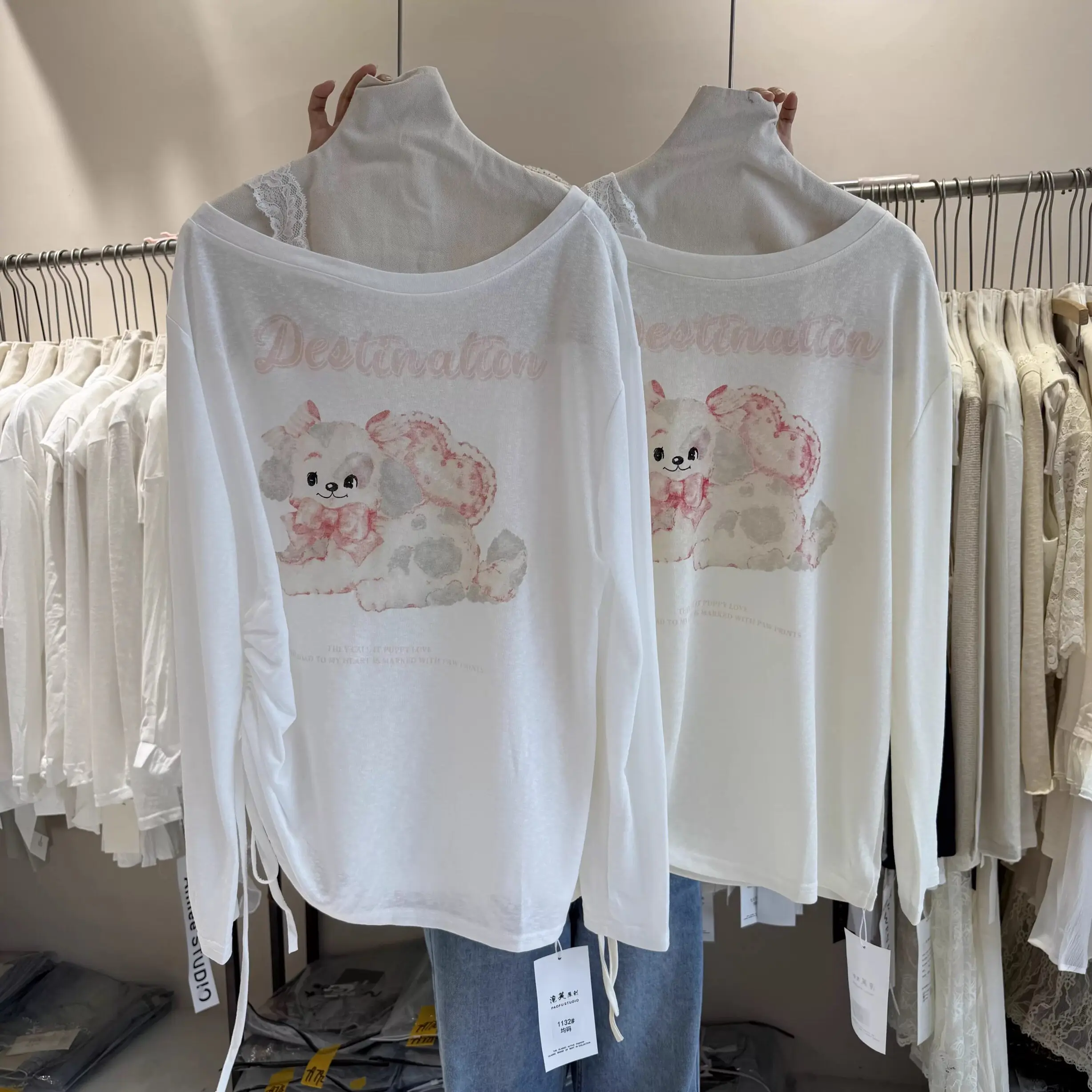 Summer New Loose Women's T-shirt Shoulder Sleeveless Long Sleeve Side Neckline Cartoon Dog Print Casual Comfortable Top