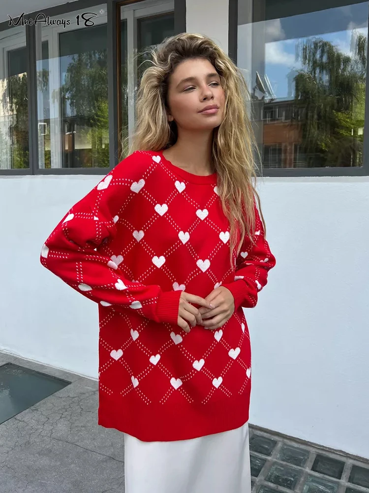 Mnealways18 Red Heart Printing Sweater Elegant Women Knitted Warm Pullover Top Autumn Winter 2024 Print Pink Long Sleeve Sweater