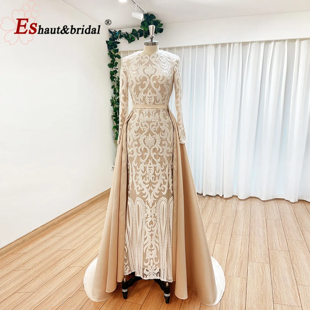 Elegante abito da sera da sposa per donna 2023 sirena musulmana a maniche lunghe con abito da ballo formale con paillettes del treno staccabile