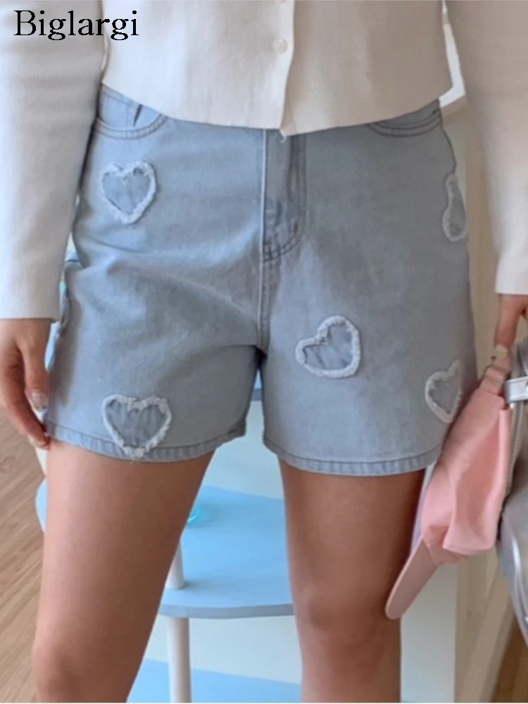 

Denim High Waist Mini Summer Shorts Women Love Embroidery Fashion Casual Ladies Trousers Korean Style Wide Leg Loose Woman Short