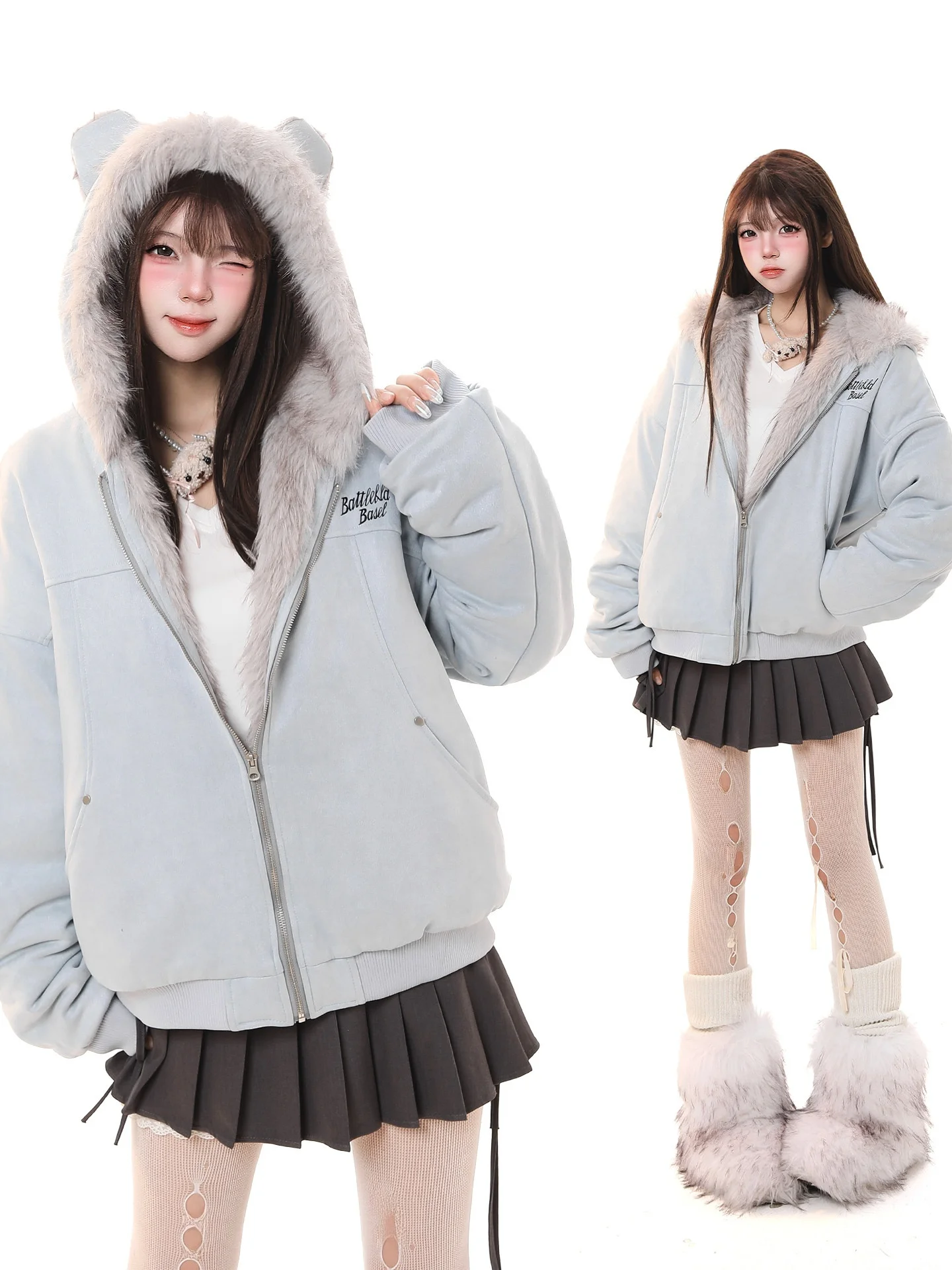 Sweet Style Hooded Thickened Warm Cotton Jacket Women's Casual Loose Fit Winter Coat with Fur Collar Zipper Closure Long Sleeve
