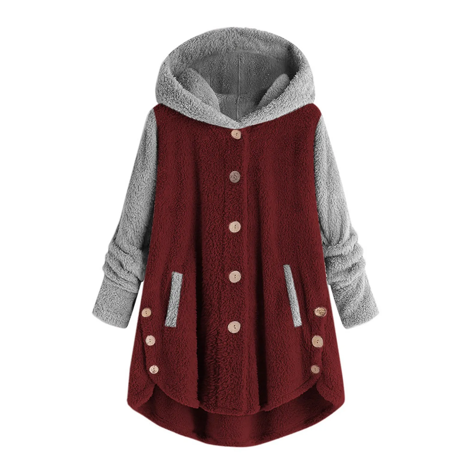 2023 women winter coats for fashion style button plush irregular color warm fleece coat with hooded Cold winter female