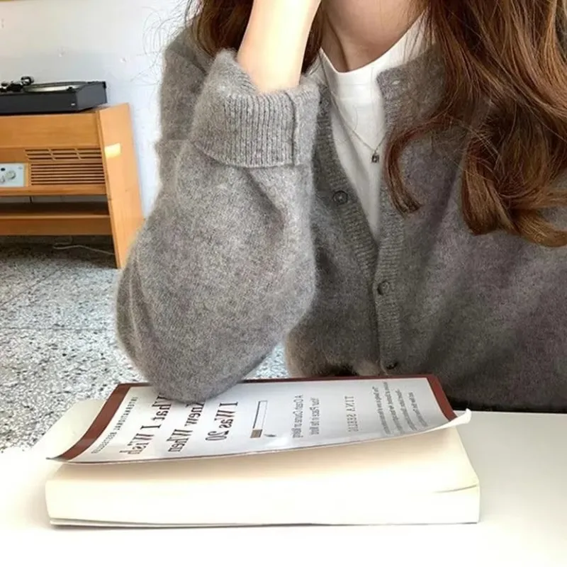 Fall Solid Color Knitted Cardigan Women Korean Single Breasted Long Sleeve Jumper Woman Round Neck All Match Sweater Outwear Top image 5