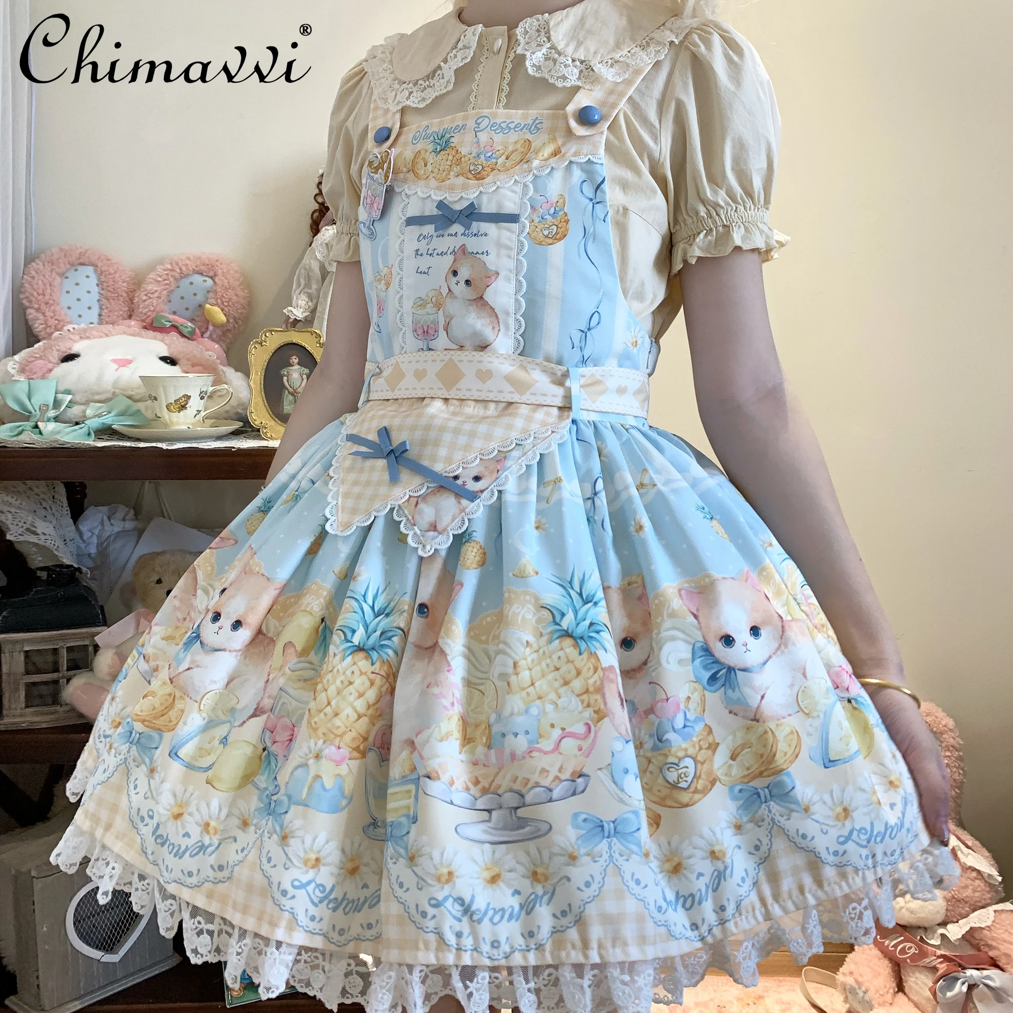 Original Sweet and Cute Cartoon Print Lolita Strap Dress 2025 Summer New Kawaii Girl High Waist Temperament Short Y2k Lo Dress