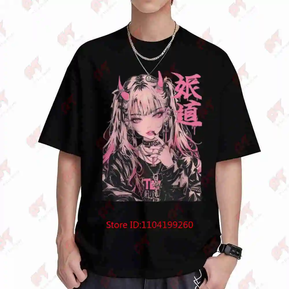 Goth Grunge Demon Anime Femme Fatale Pink Horns Short Sleeve Tee 100% Cotton T-Shirt