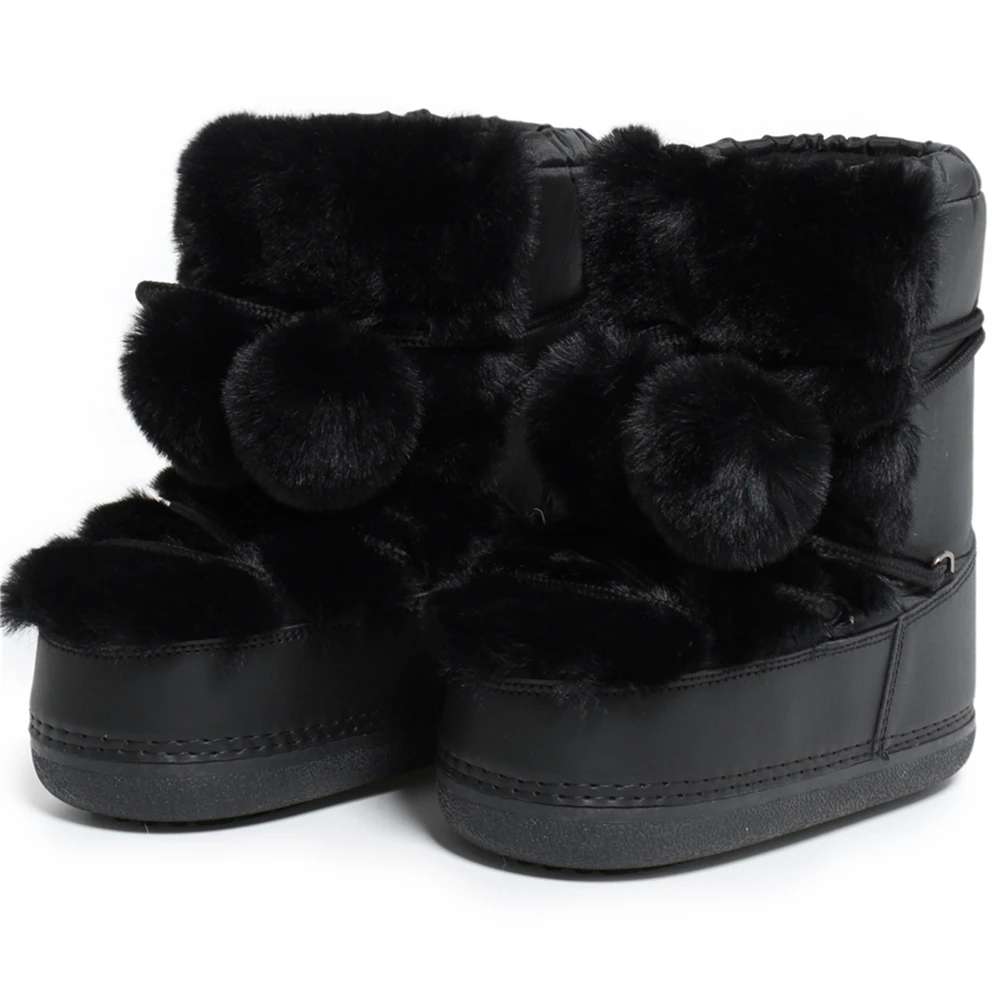 2024 Winter Snow Boots for Women Rabbit Fur Snow Boots Platform Lace-up Fluffy Furry Fur Ski Boots Female Warm Cotton Boots