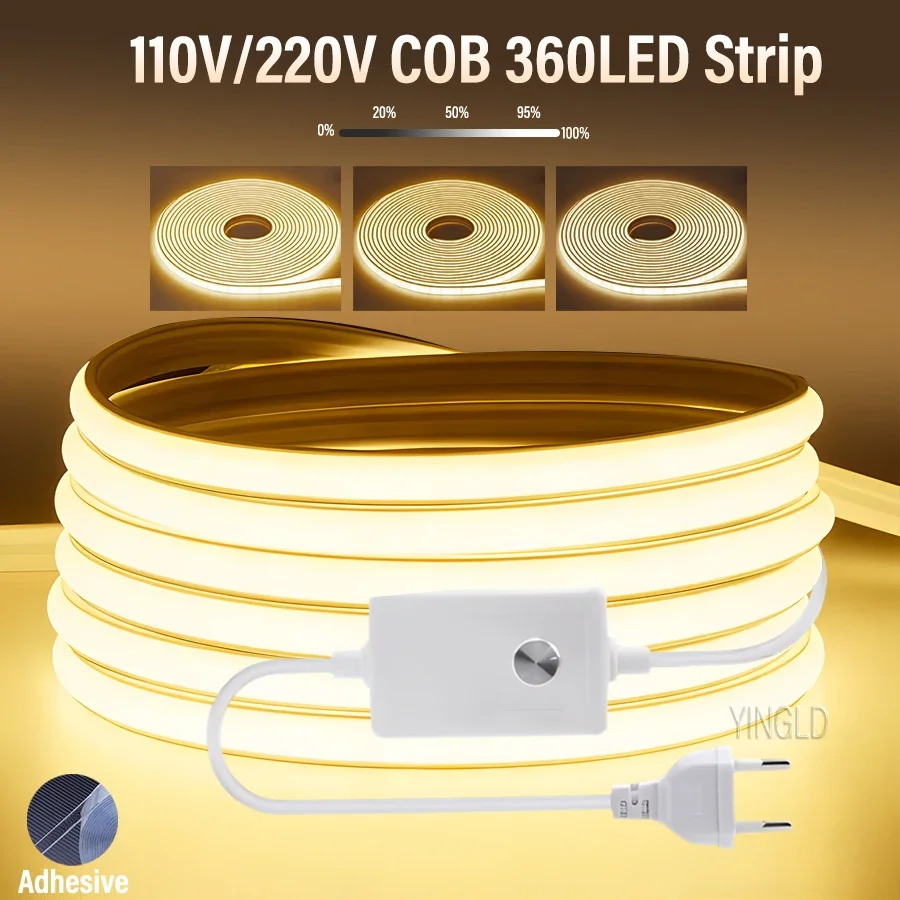 1M-50M 220V COB LED Strip dimmable 360LEDs/m EU Plug Kitchen Home Room Decoration Flexible Ribbon for Outdoor Garden Lighting