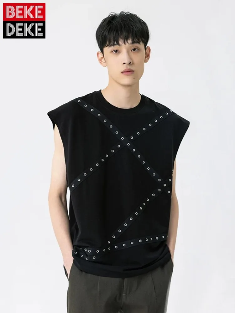 

Fashion New Summer Mens Sleevelss Black T Shirts Streetwear O Neck Loose Fit Outside Loose Fit Pullover Cotton Casual Tees Tops