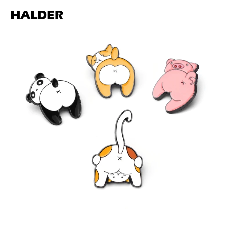 HALDER Panda Enamel Pins Dog Cat Butt Piglet Brooch Cute Cartoon Fun Animal Badge Bag Accessories Jewelry Gift For Women