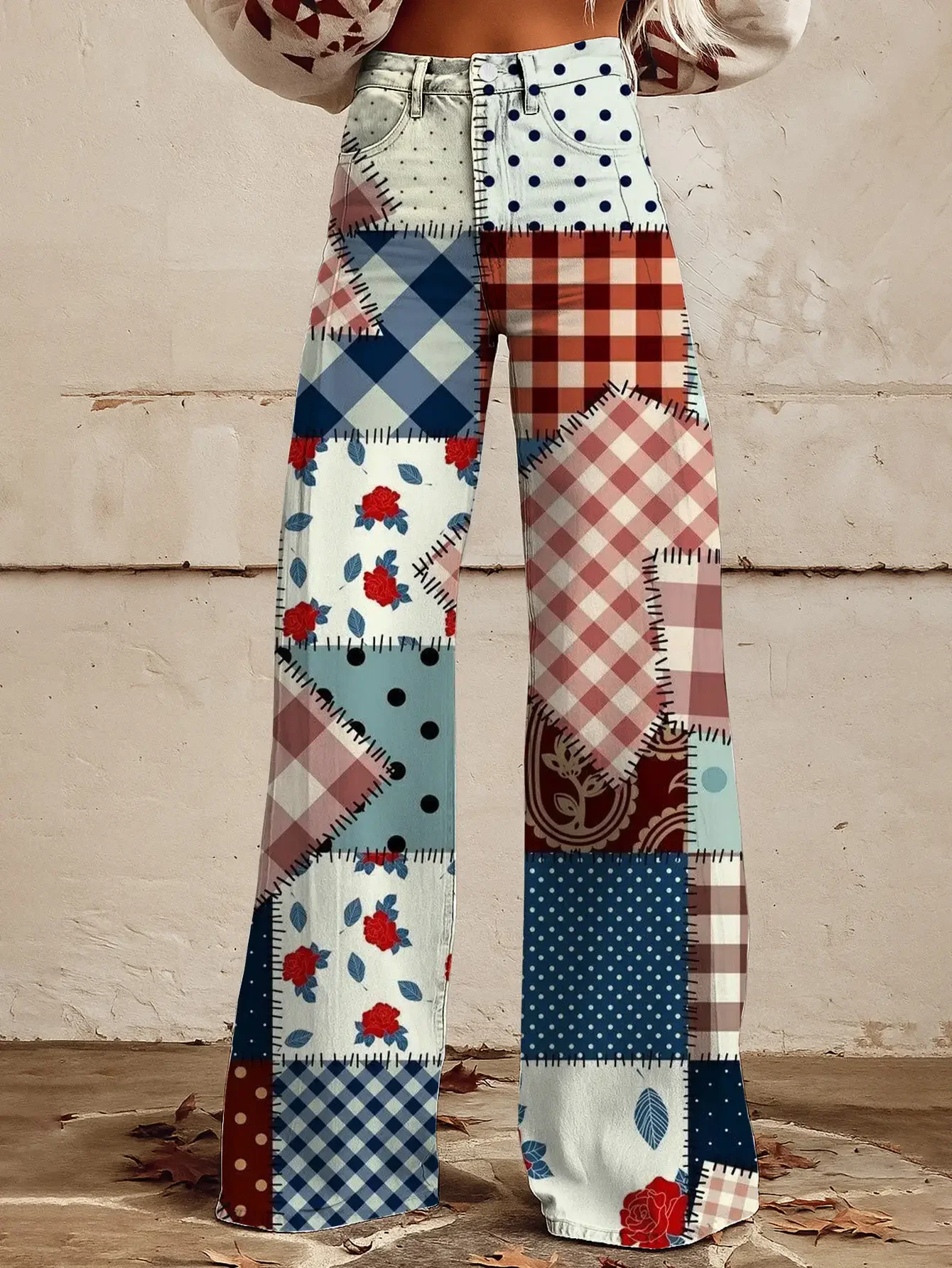  Casual jeans with a variety of colorful western prints, loose wide leg design, Fluorescent dark style pants