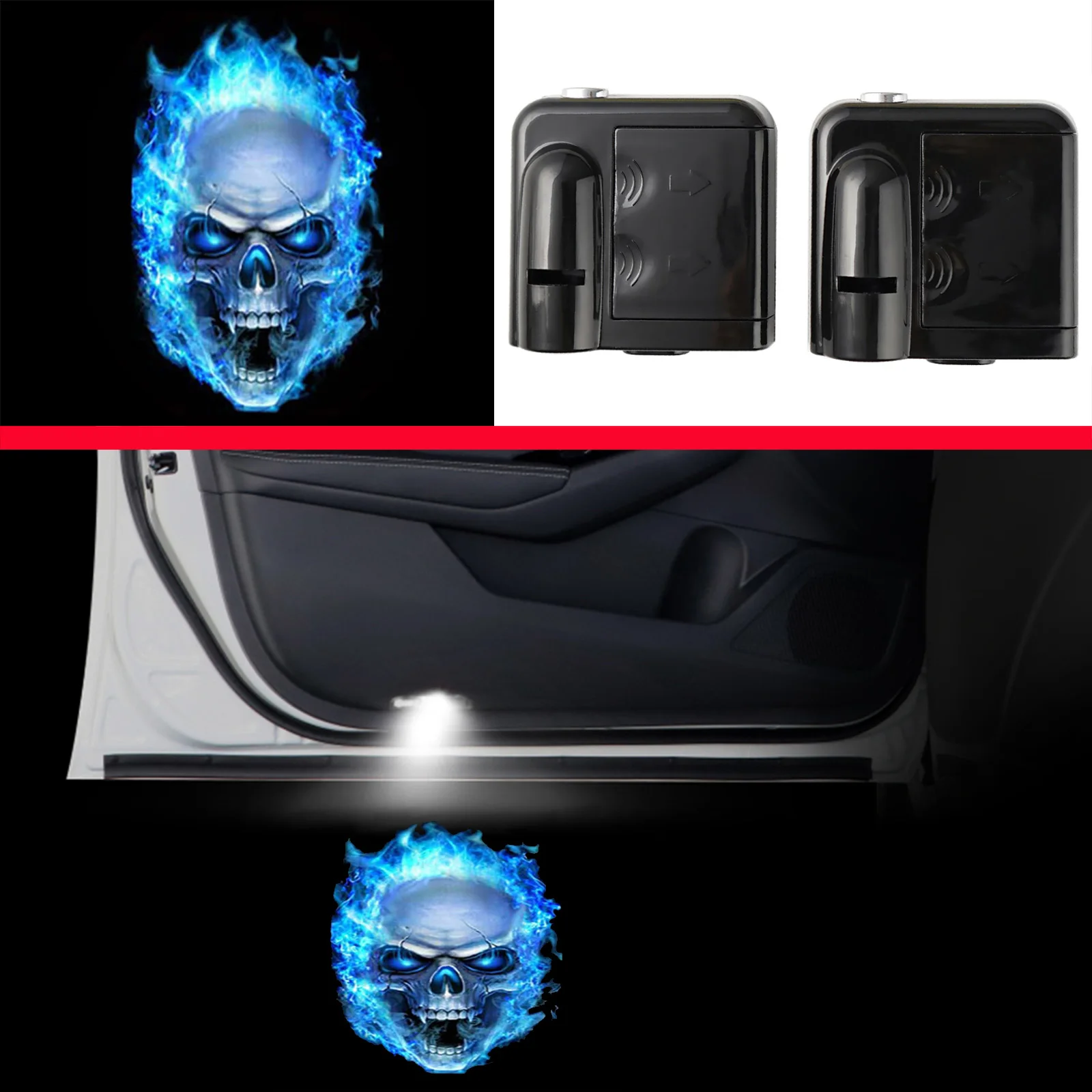 2x Blue Flaming Skeleton Skull Car Door Logo Lights Wireless Courtesy Infrared Sensor LED Light Ghost Shadow Projector