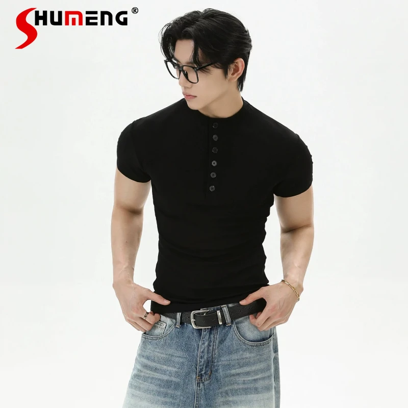 

2026 Summer New Single-breasted Multi-button Slim-fitting Short-sleeve Tops Men's Cool Breathable Tees Sports Fitness T-shirts