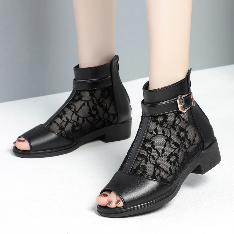 Open Toe Roman Organza Sandals for Women Mesh Ankle Boots Breathable Sandals Genuine Leather Shoes Summer New Cool 2024