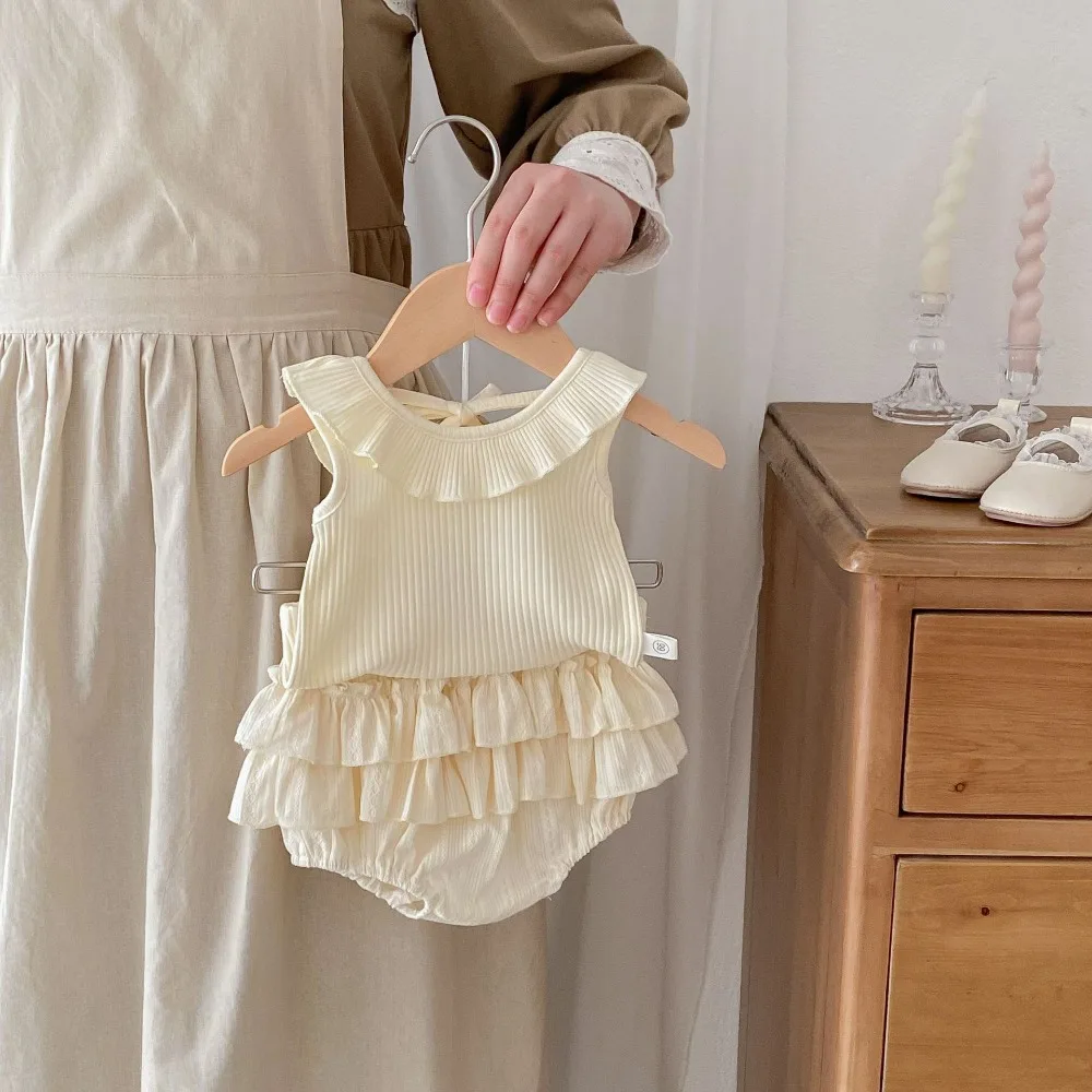 Korea Style Baby Girl Clothing Set 0-2Years Newborn Princess Solid Color Sleeveless Vest +Layered Bloomers 2PCS Summer Clothes