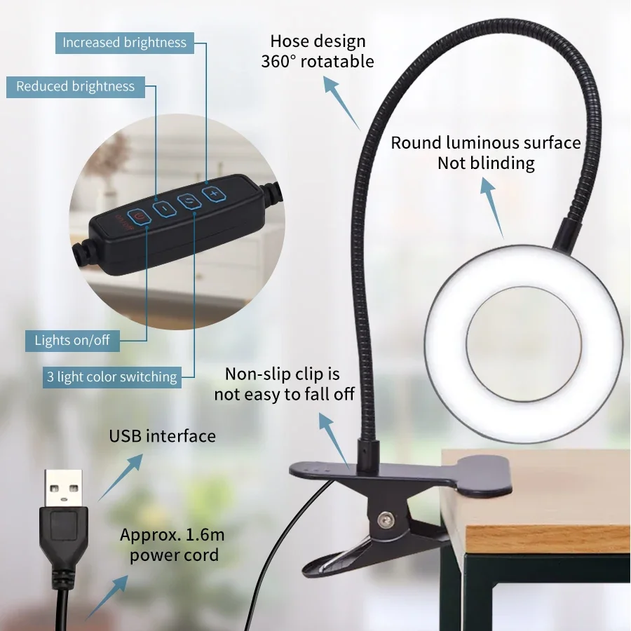 USB Eye Protection Table Lamp, Book Clip Light, 360 ° flexível, ajustável, 3 temperaturas de cor, Gooseneck Reading Light, 48 LEDs
