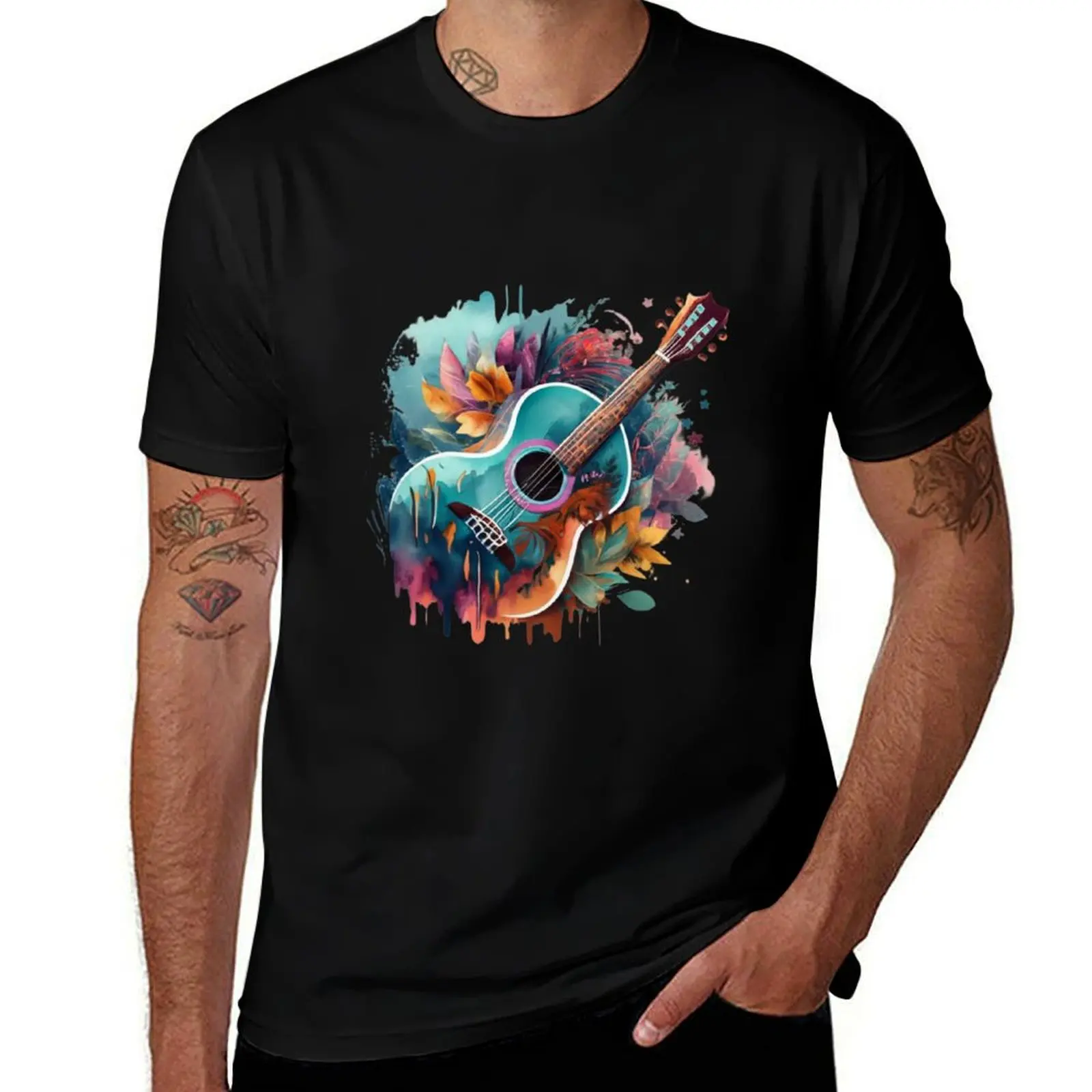 Gitar watercolor painting T-Shirt new edition graphic t shirts anime tshirt mens clothes