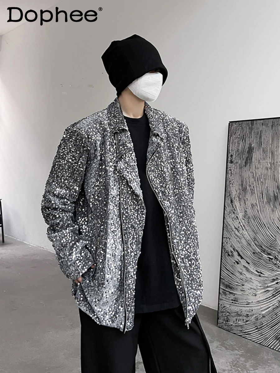 Fashionable New Sequin Performance Costumes Male Female Fried Street Jackets Trendy Zipper Long Sleeve Solid Color Coats