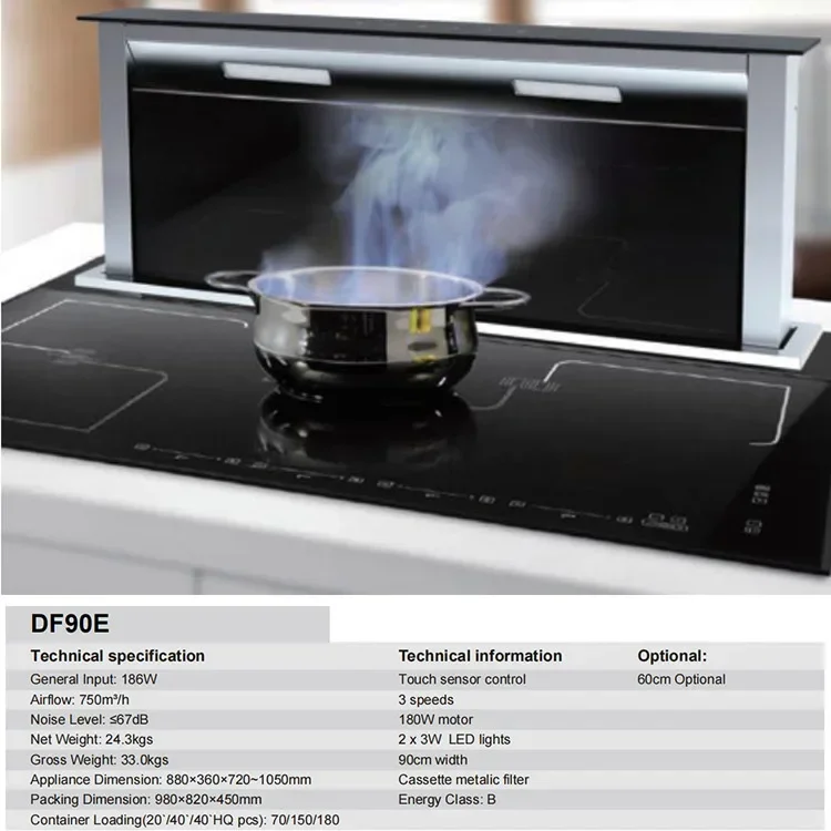 เครื่องดูดควัน downdraft คุณภาพสูงใต้ตู้ เครื่องดูดควันขนาด 90 ซม. สําหรับห้องครัวพร้อมไฟ LED