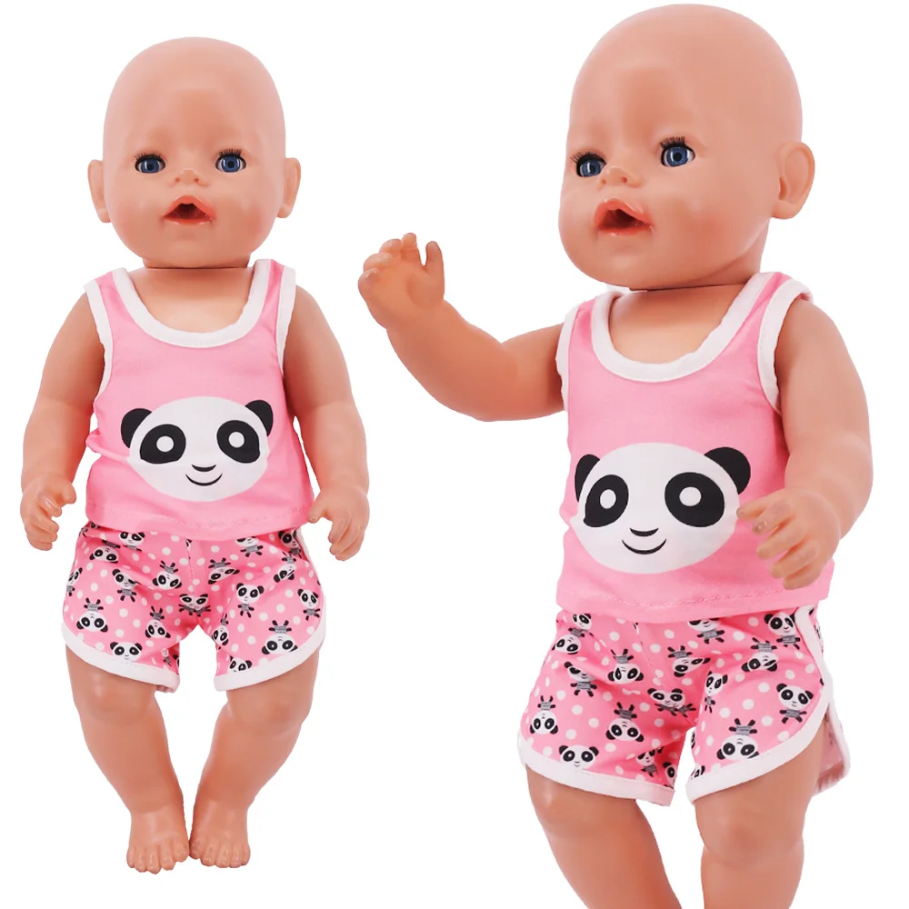 Doll Clothes Cat Unicorn Panda Printed Vest Top+Shorts Fit 18Inch American Doll Girl&43Cm Reborn Baby item,Doll Accessoires Toy