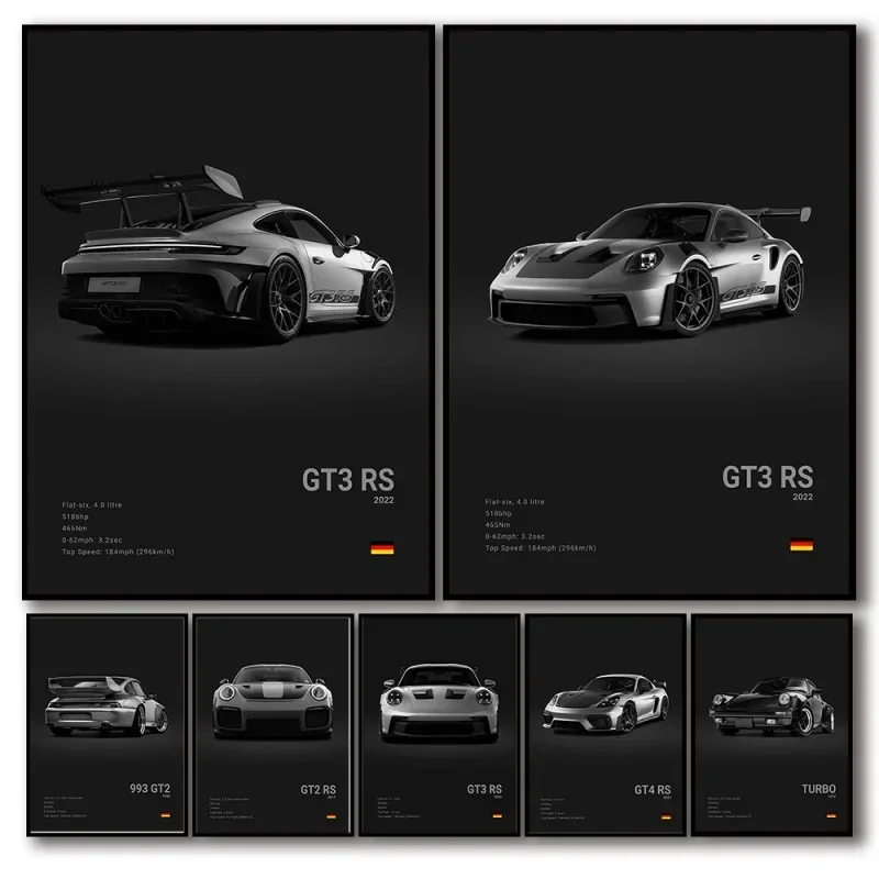 911 GT3 RS Turbo HD Oil On Canvas Print Pop Black And White German Luxury Sports Car Poster Wall Art Garage Living Room Decor