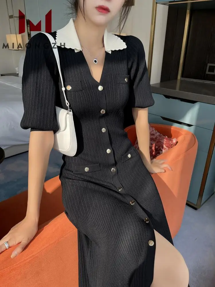 Black Knitted Luxury Clothes For Women V Neck Short Sleeve Single Breasted Metal Buttons Slim Elegant Female Fashion Party Dress