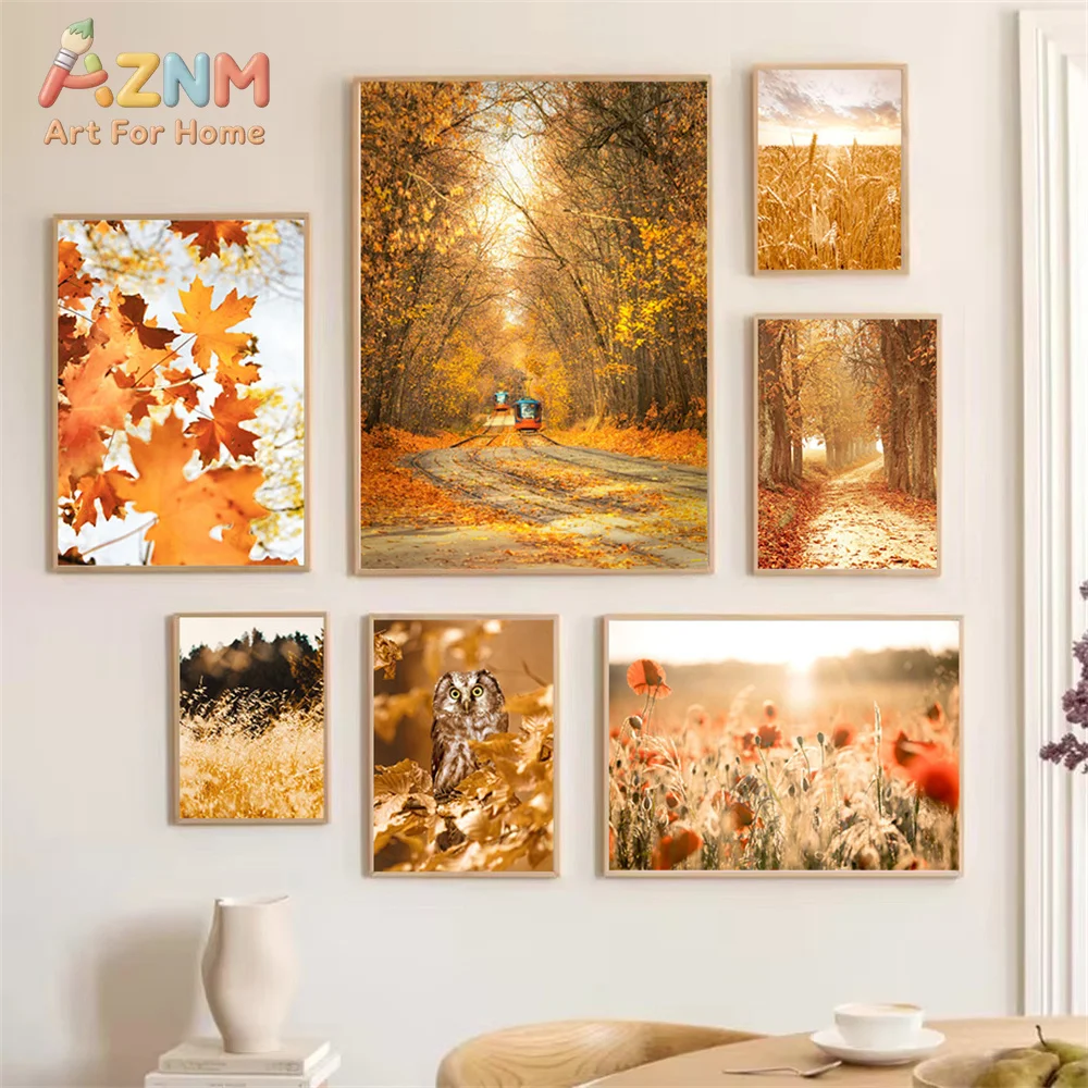 AZNM Warm Golden Autumn Scenery Canvas Wall Art Maple Leaf Forest Path Owl Wheat Poppy Fall Nature Print Farmhouse Bedroom Unfra