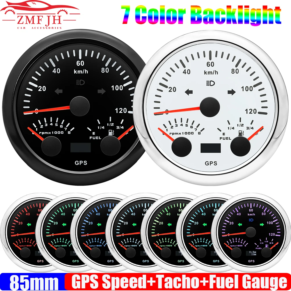 

7 Color Light 3 In 1 85MM Gauge Waterproof 120KMH GPS Speedometer+Fuel Level Gauge+Tachometer 8000RPM for Car Marine Boat 12V24V