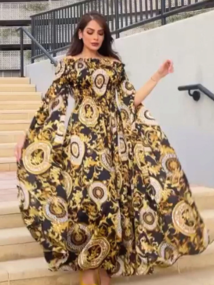 Turkey Muslim Party Dress Gold Print Abaya Dresses Women 2022 Eid High Street Luruxy Evening Dress with Cloak Robes Vestidos