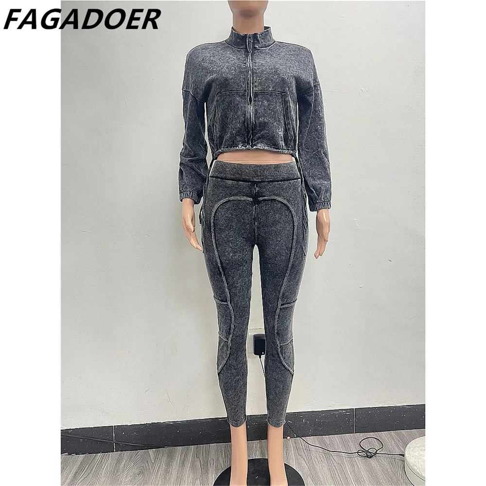 FAGADOER Autumn Winter Rib Two Piece Set For Women Casual Lapel Zip Patchwork Crop Top + High Waist Leggings Joggers Sportswear