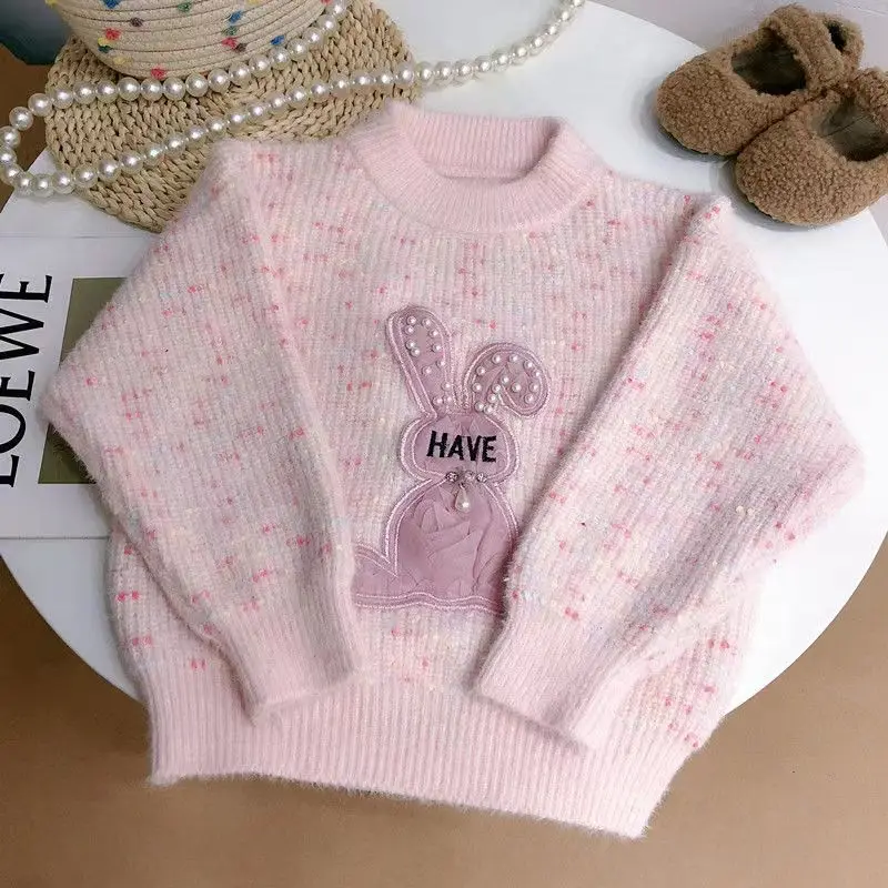 2024 Girl s Latest Pink Rabbit Children\'s Fashionable And Cute Sweater Cartoon Bead Rabbit Girl Sweater Girl Knitwear