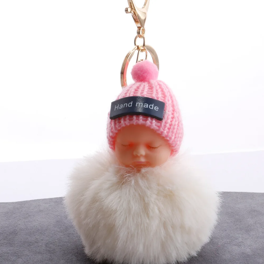 Pompom Sleeping Baby Keychain Cute Fluffy Plush Doll Keychains Women Girl Bags Keyrings Cars Key Ring Key Chain Dropshipping