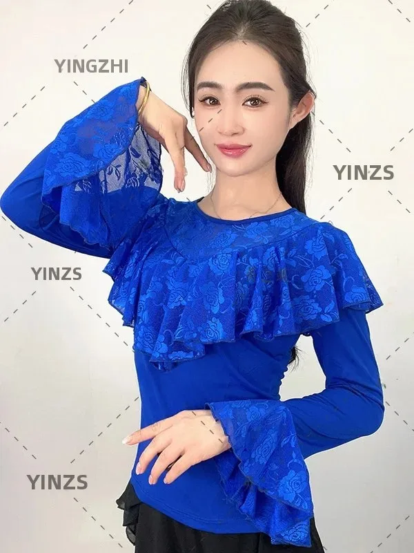 modern-dance-top-women's-lace-bell-sleeve-square-dance-social-dancing-clothing-high-elasticity-polyester-round-neck-long-sleeve