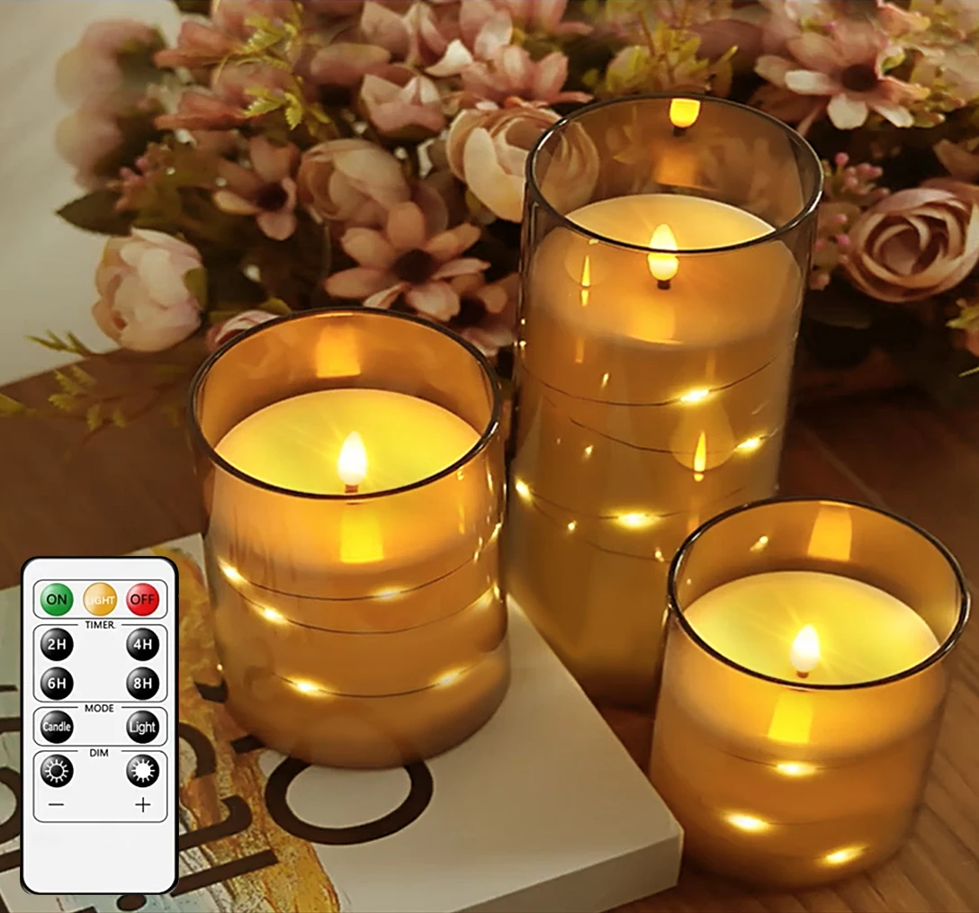 3pcs LED Flameless Candle with String Light Electric Candle Lamp Acrylic Glass Shell Flickering Candle Bulk forWedding Christmas