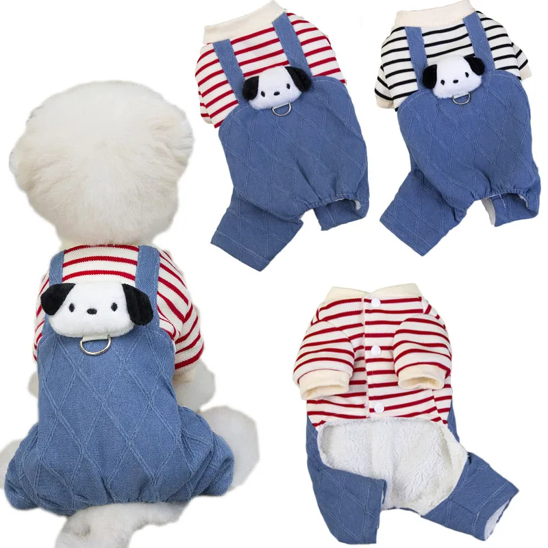 

Thicken Dog Clothes Striped Coat Denim Pants Costume Jumpsuit Overalls For Small Dogs Shih Tzu Dachshund Puppy Clothing Bodysuit