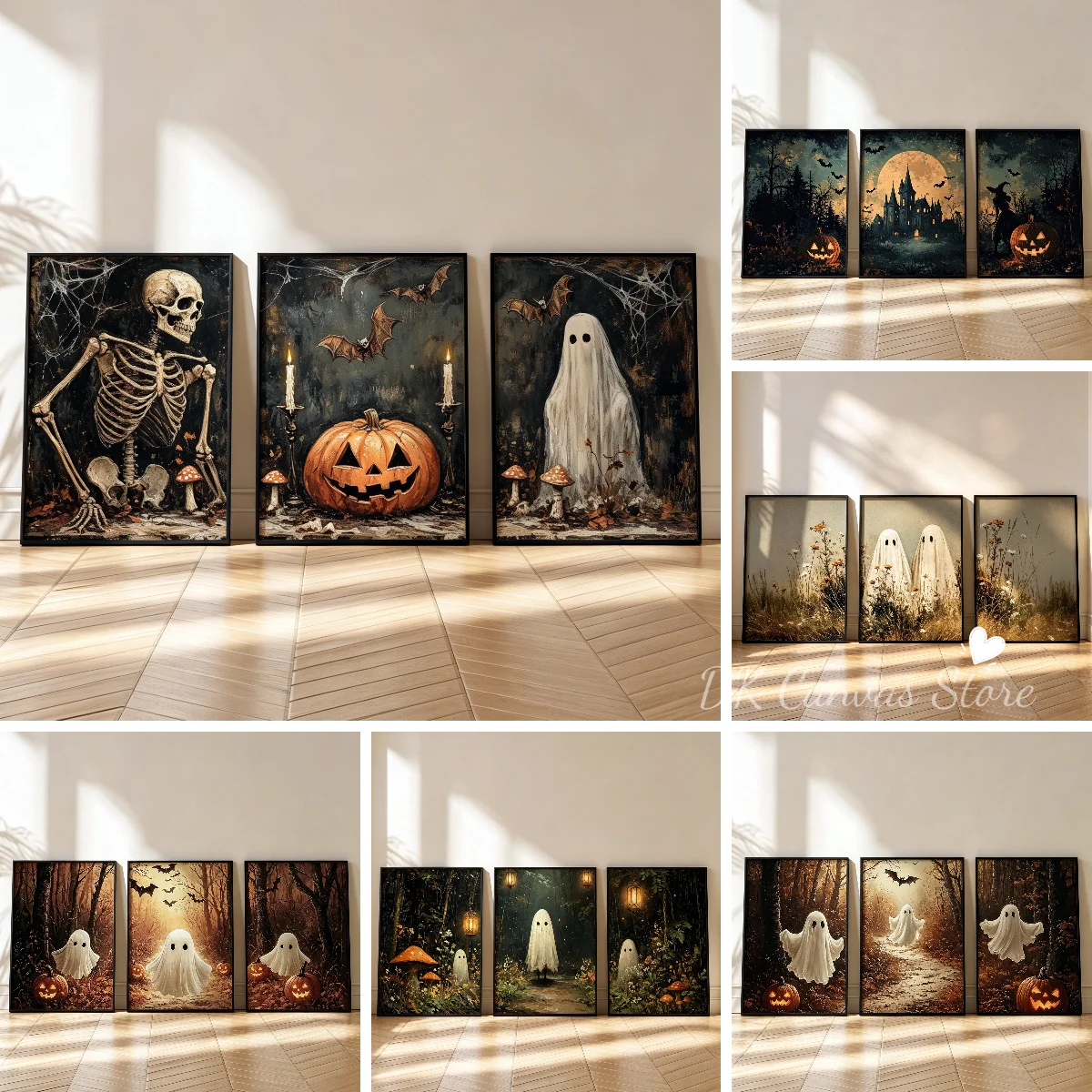 3pcs/set Gothic Skeleton Ghost Pumpkin Canvas Print Poster Horror Dark Skull Bat Fall Art Prints Halloween Wall Art Home Deco