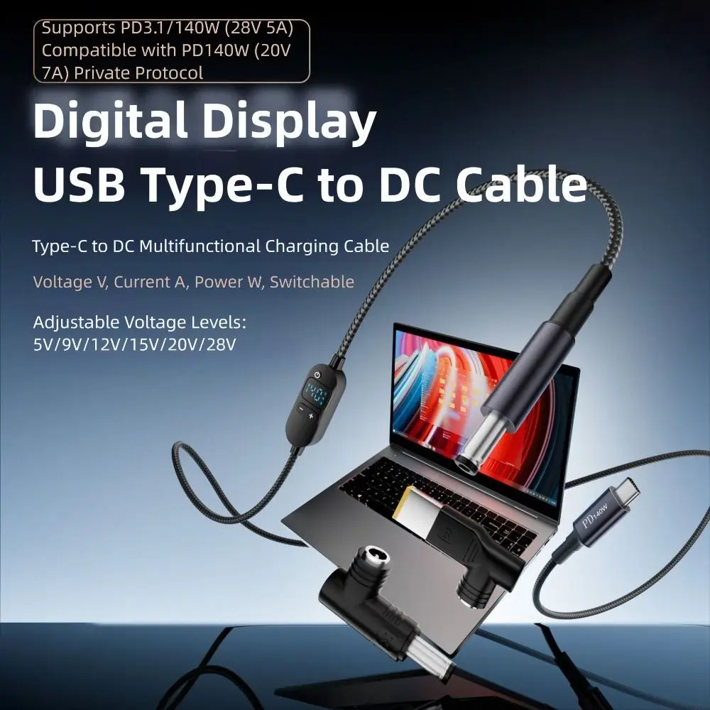Digital Display USB C to DC PD Adapter Cable 5V/9V/12V/15V/20V with 28/34 Connector Tips Type-C to DC Power Cord Universal