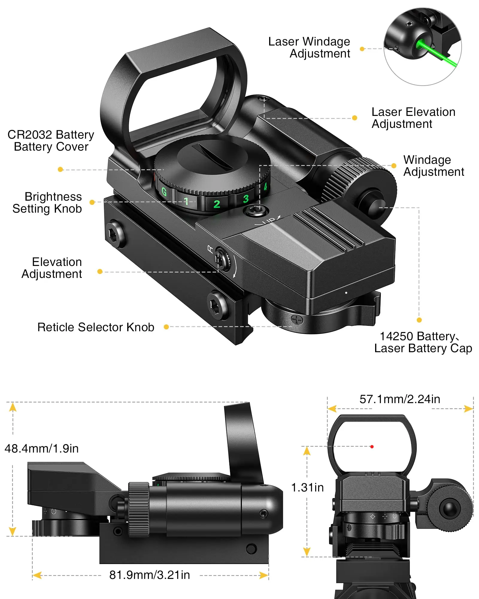 نطاق CVLIFE جهاز رؤية عاكس نقطة حمراء رؤية أحمر أخضر 4 بصريات شبكاني مع ليزر أخضر ومفتاح لوحة الضغط للسكك الحديدية 20 مم