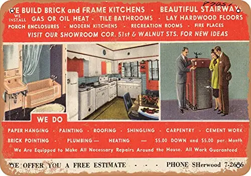 Metal Sign Pennsylvania Postcard - We Build Brick and Frame Kitchens - Beautiful stairways 7 - Vintage Rusty Look