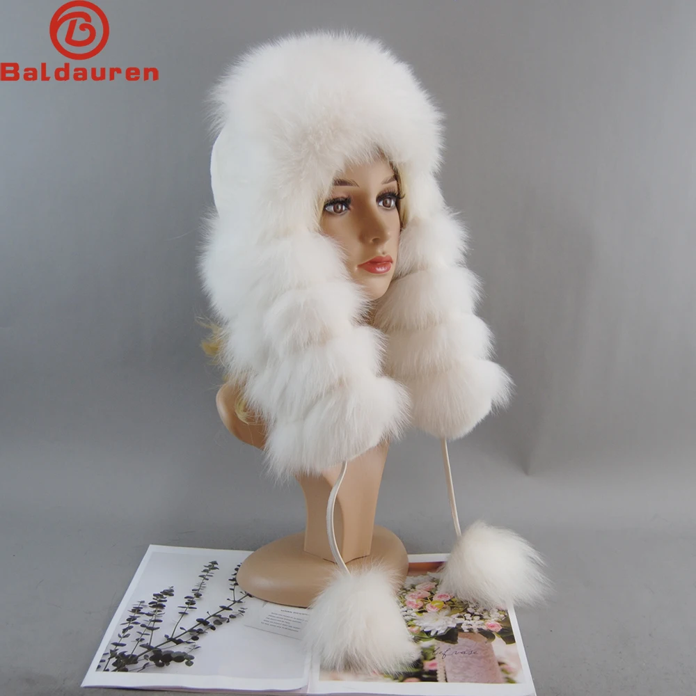 

2025 Luxury Natural Fox Fur Russian Hat Ushanka Women Winter Warm Fluffy Popular Style Female Tail Cap Fashion Real Fur Hats