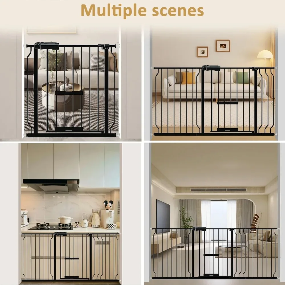 Baby Safety Gate with Cat Door,57"-66" Extra Wide Pressure Mount Pet Gate Black Metal