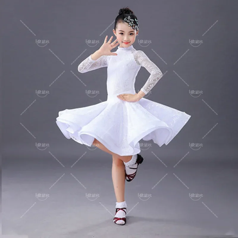 Girls Long Sleeved Latin Dance Dress, Dance Hall Salsa Tango Dress, Children's Lace Latin Dance Slit Dress and Skirt