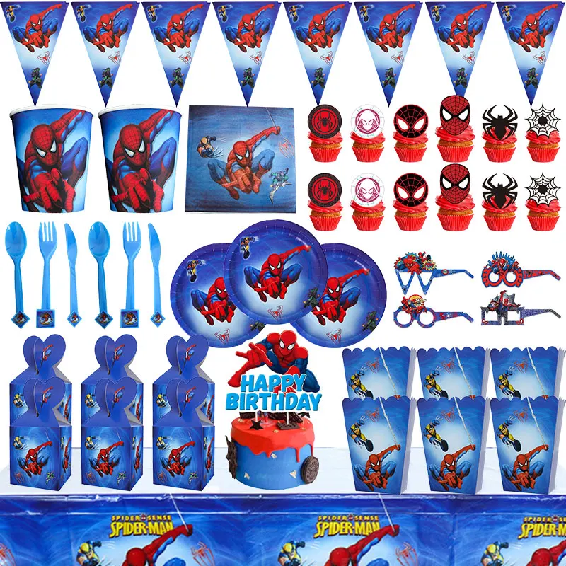 Spiderman Theme Birthday Party Decorations Disposable Tableware  Plate Napkins Cups Banner 3D Spider Foil Balloon Party Supplies