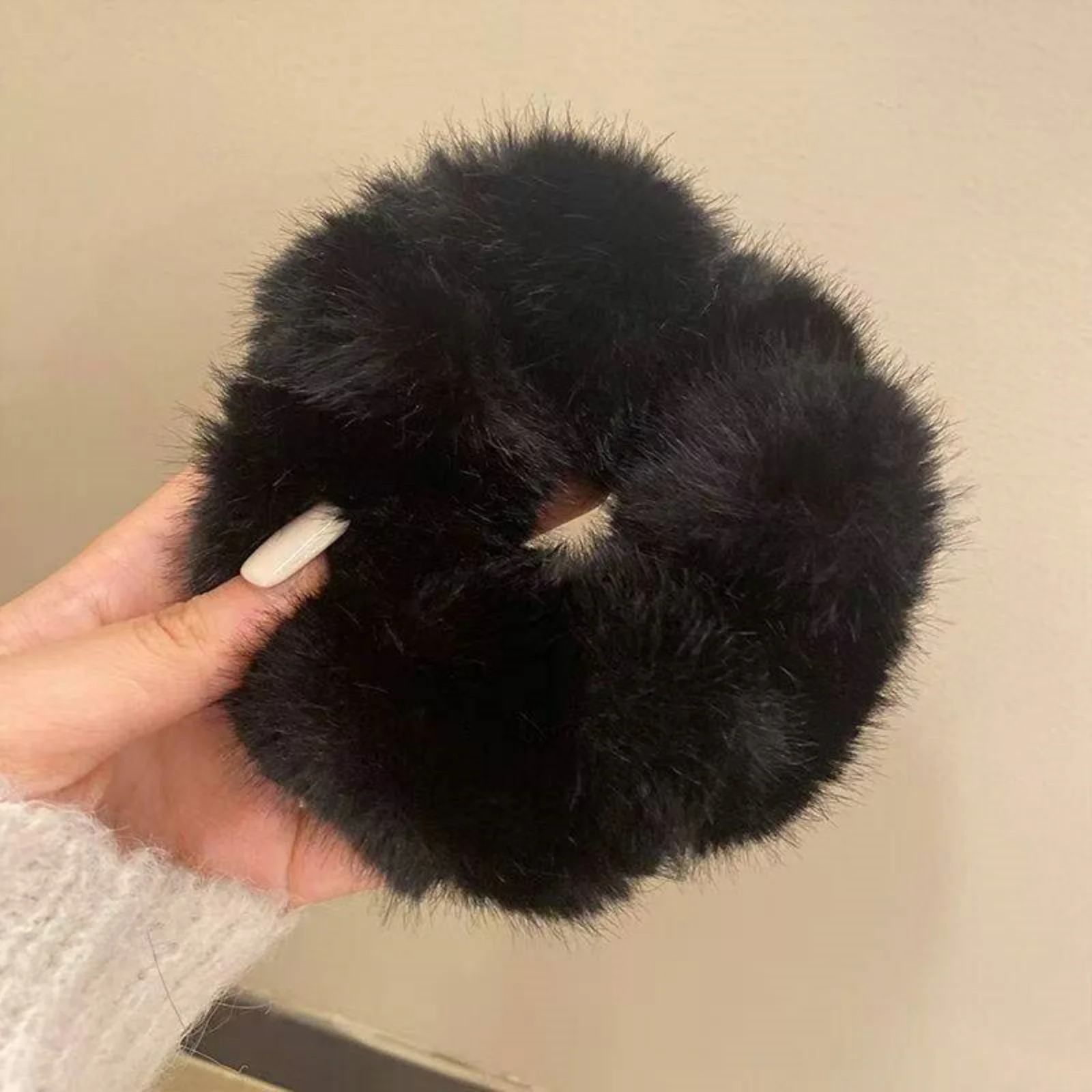 Große Größe Süße Weiche Flauschigen Plüsch Einfarbig Elastische Haarband Scrunchies Frauen Mädchen Herbst Winter Haar Ring Haar Zubehör – Detail 5