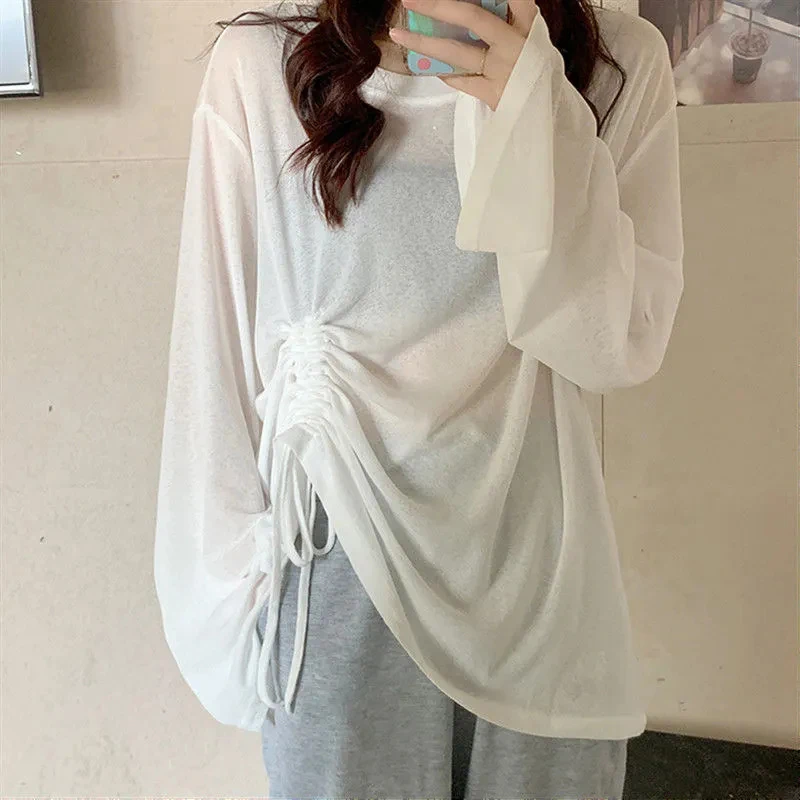 GIDYQ Ice Silk Pullover Women Breathable Long Sleeved Sunscreen T Shirts Korean Drawstring Lace Up Sexy Slightly Sheer Loose Top