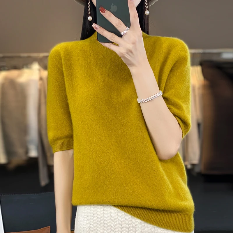 Spring and summer new first-line ready-to-wear 100% sweater ladies half-high collar five-point sleeves solid color short sleeves